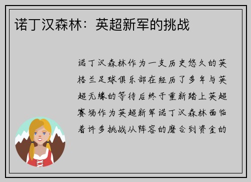 诺丁汉森林：英超新军的挑战